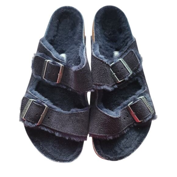 Birkenstock Shoes - Birkenstock Navy Arizona Shearling Suede Leather Sandals 42